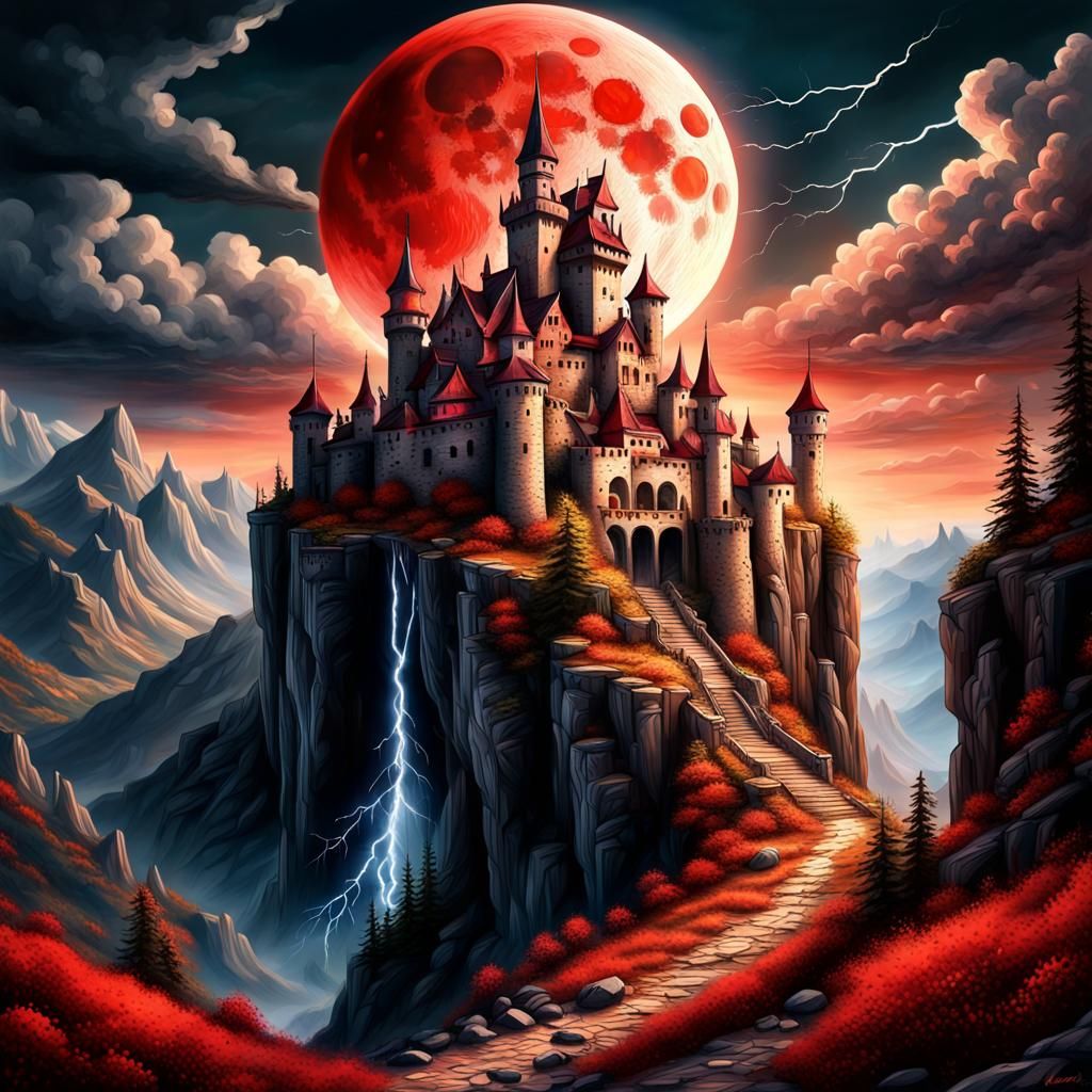 Epic Castle on Mountain Cliff with Red Moon