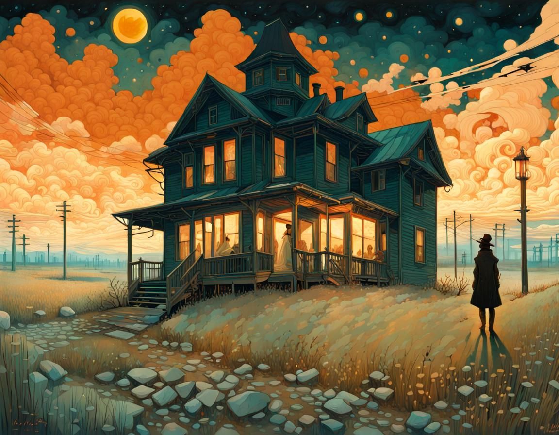 Ghost Town at Midnight: Double Exposure Illustration