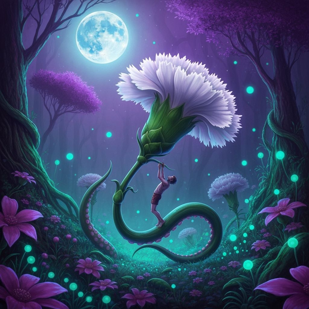 Surreal Carnation Devours Man in Glowing Forest