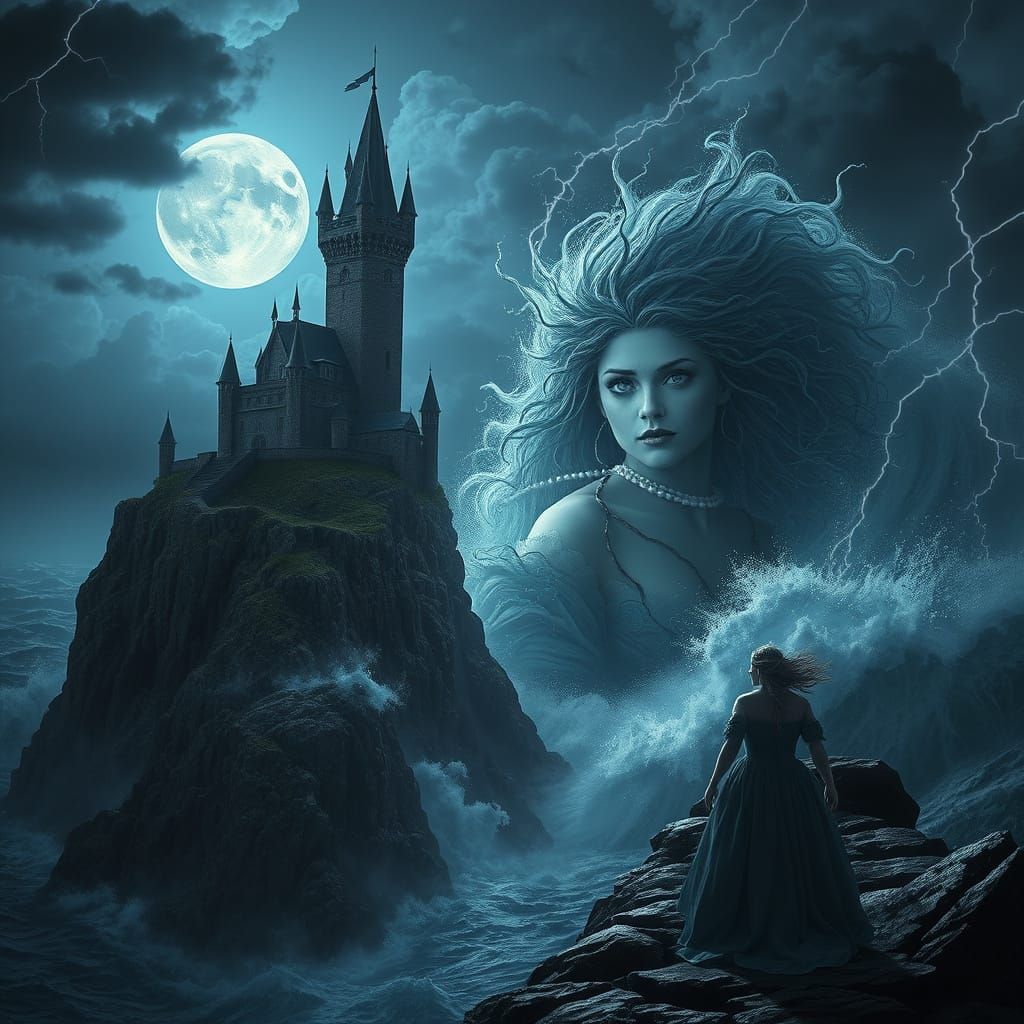 Moonlit Castle Cliffside with Sea Goddess