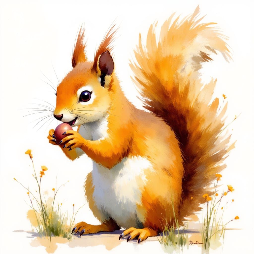 Impressionistic Squirrel in Golden Watercolor Landscape