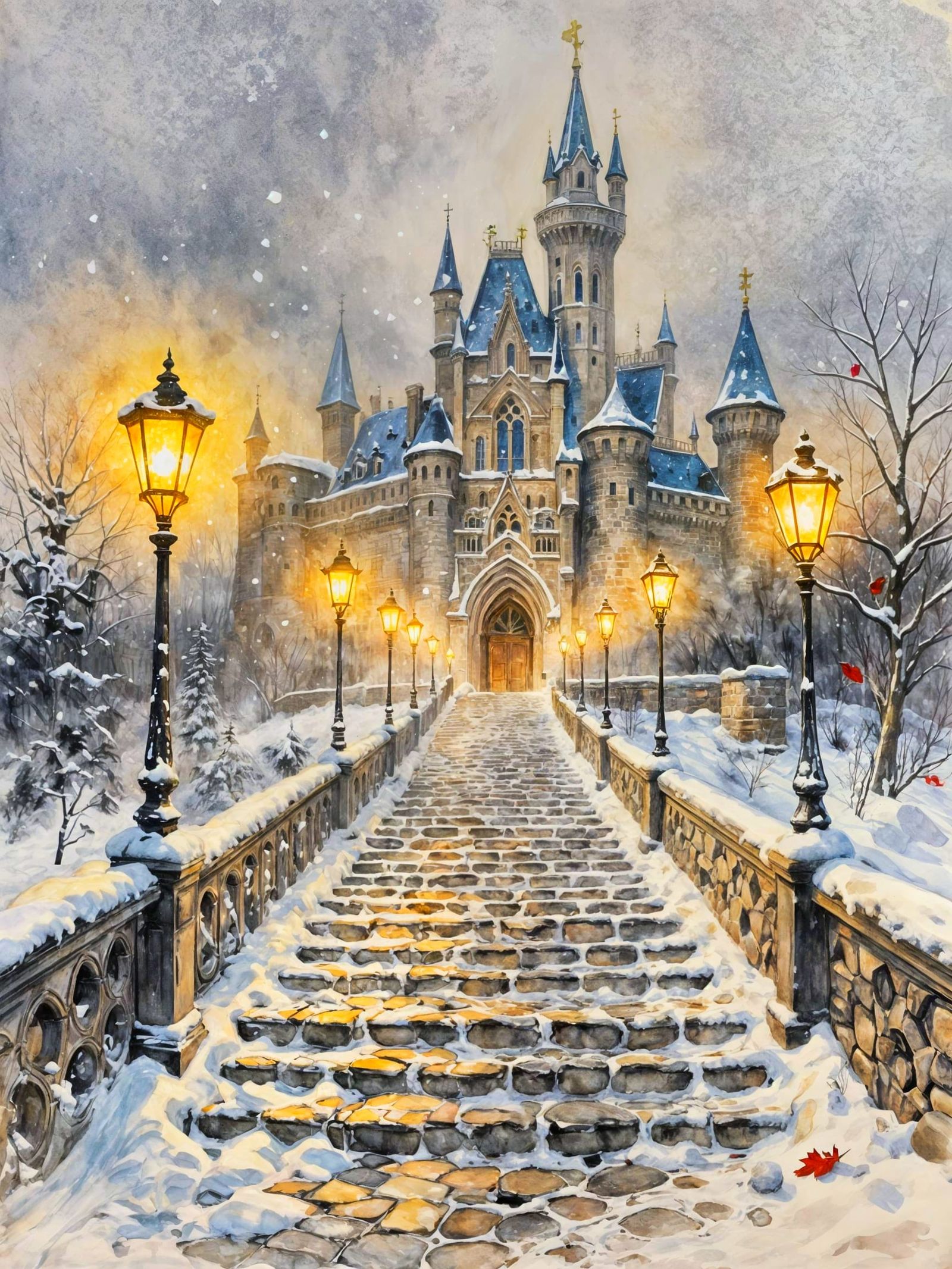 Gothic Fairytale Castle Staircase in Winter Snow