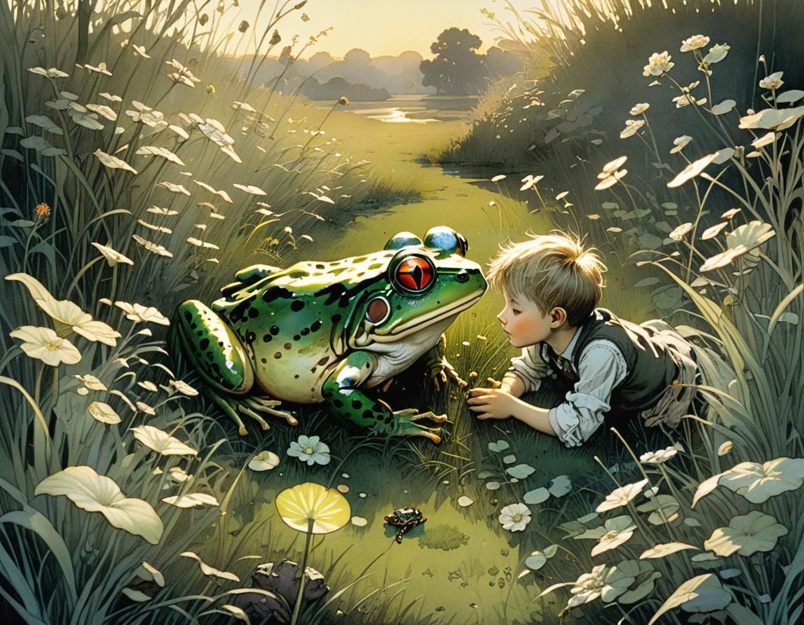 Boy and Frog in Shimmering Light, Illustrative Style