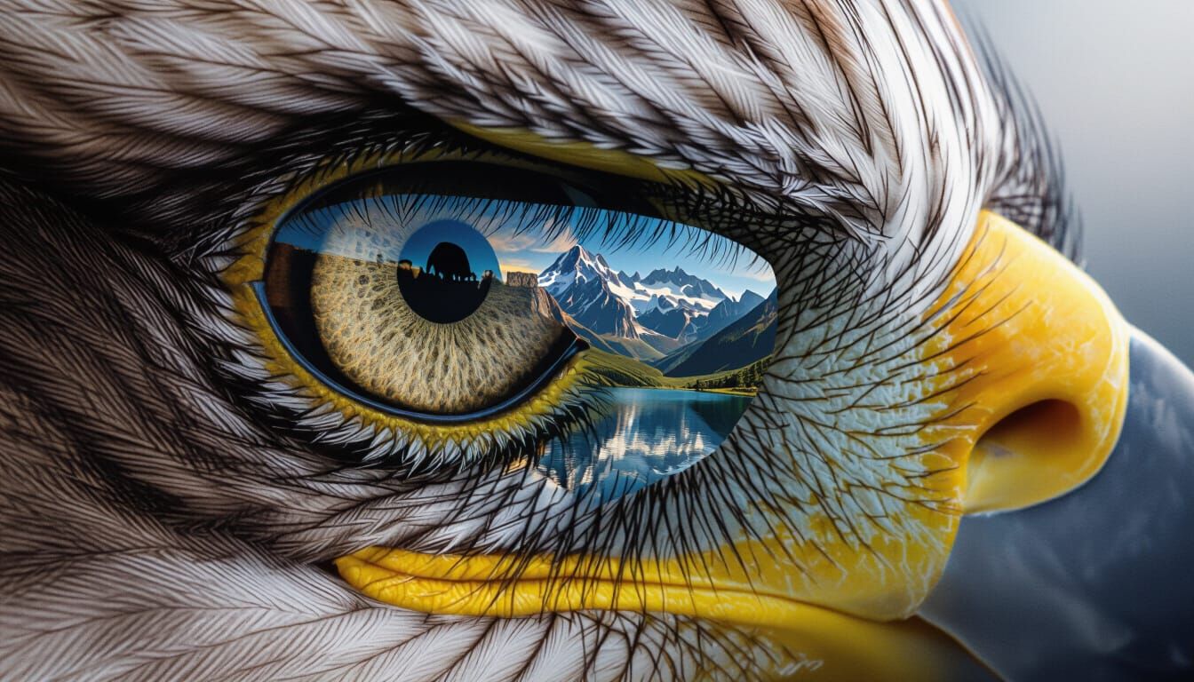 Eagle Eye Reflecting Mountain Landscape, Wildlife Photograph...