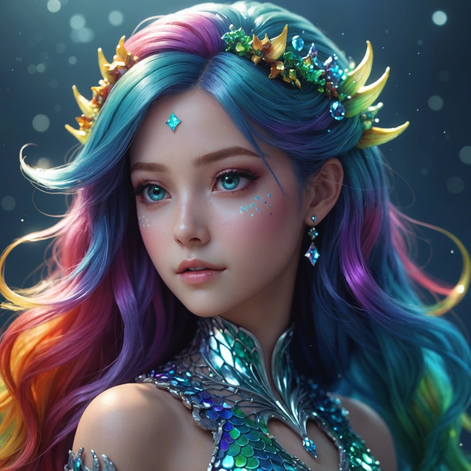 Anime Merfolk with Rainbow Hair, 3D Art
