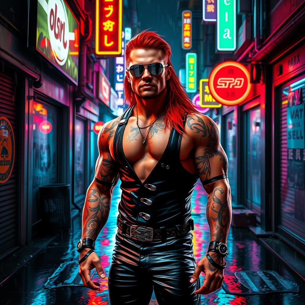 Cyberpunk Wrestler in Neon Alleyway