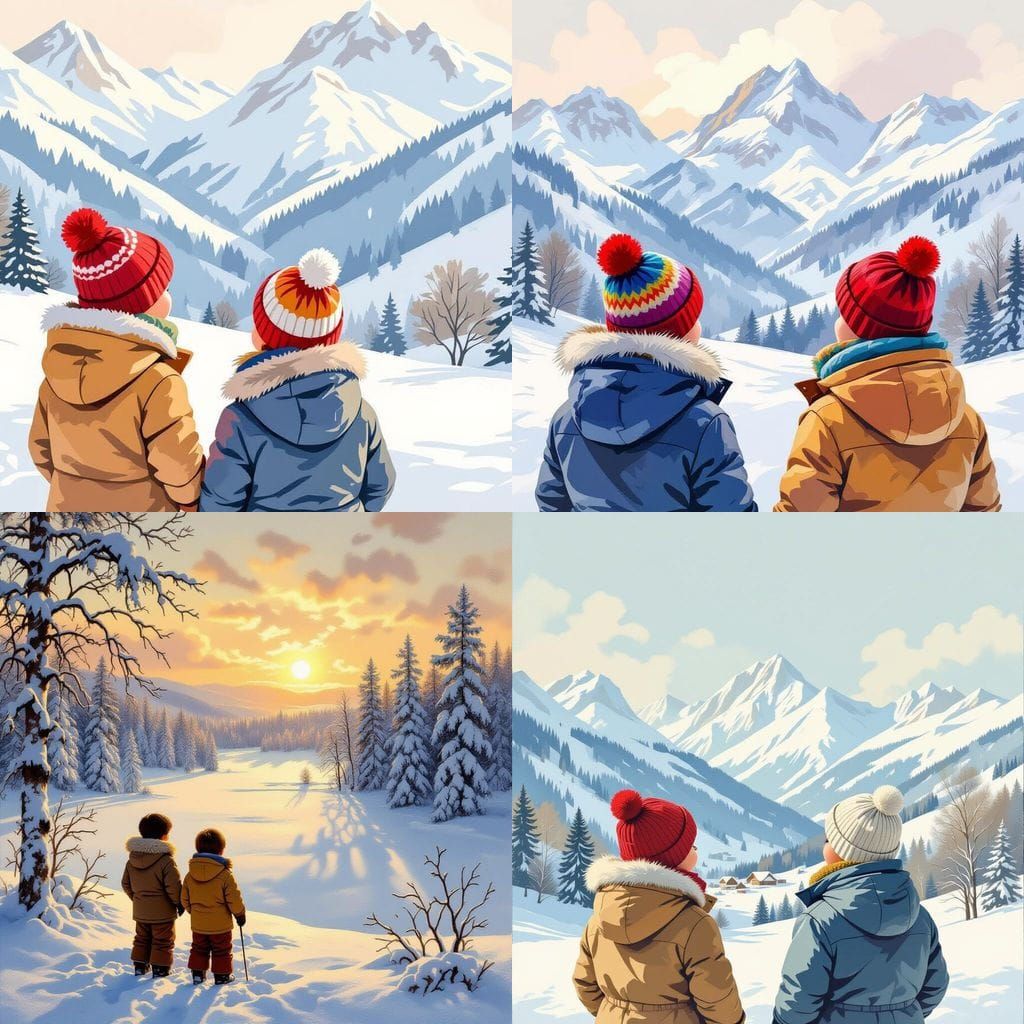 Boys Gazing at Snow-Covered Winter Landscape