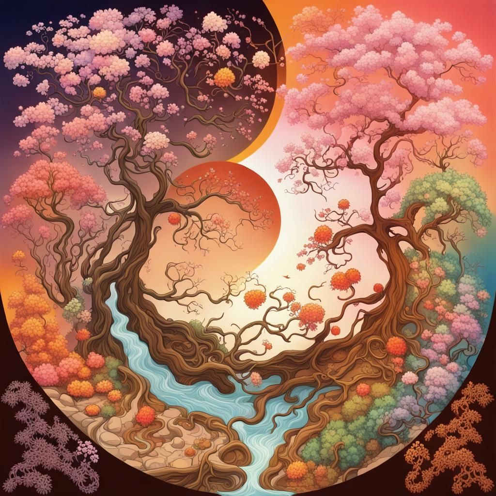 Radiant Abstract Artwork with Plants and Creatures