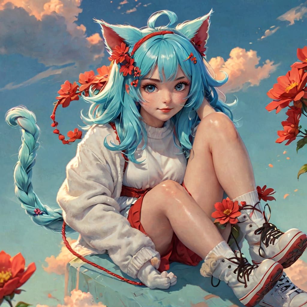 Anime Woman with Cat Ears in Kawaii Art Style