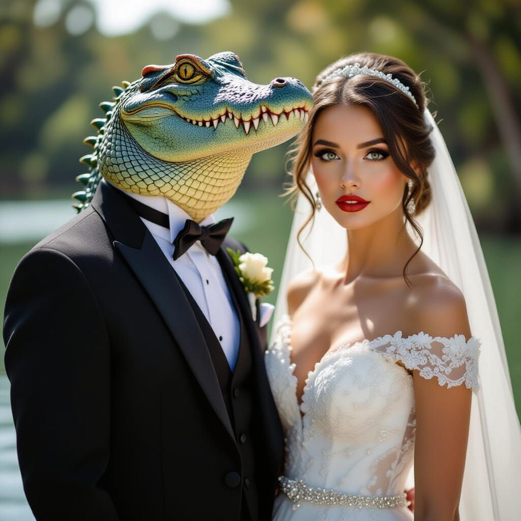 Surprised Bride Weds Crocodile in Fantasy Wedding Scene