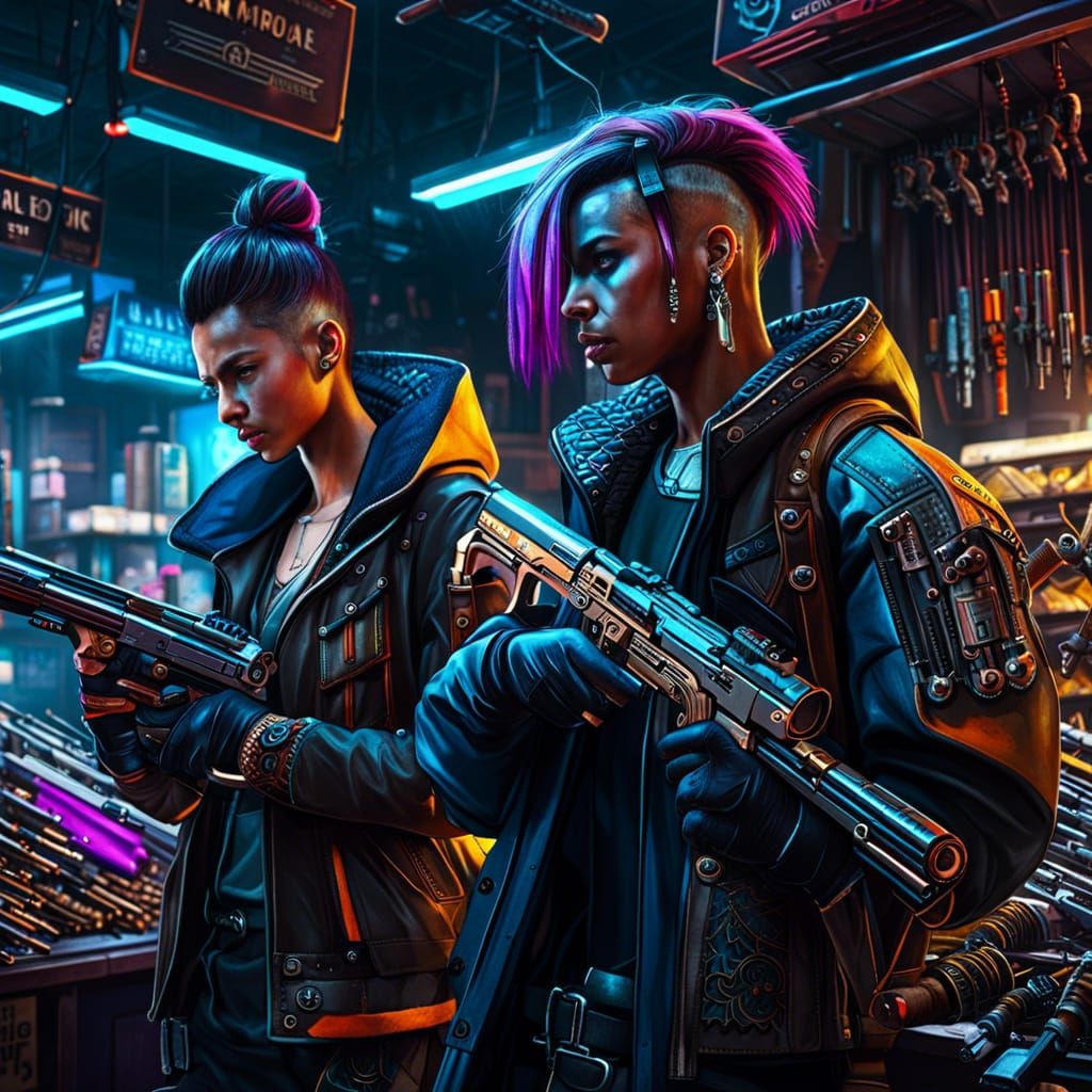 Cyberpunk Rebels Choose Weapons in Neon Gun Shop