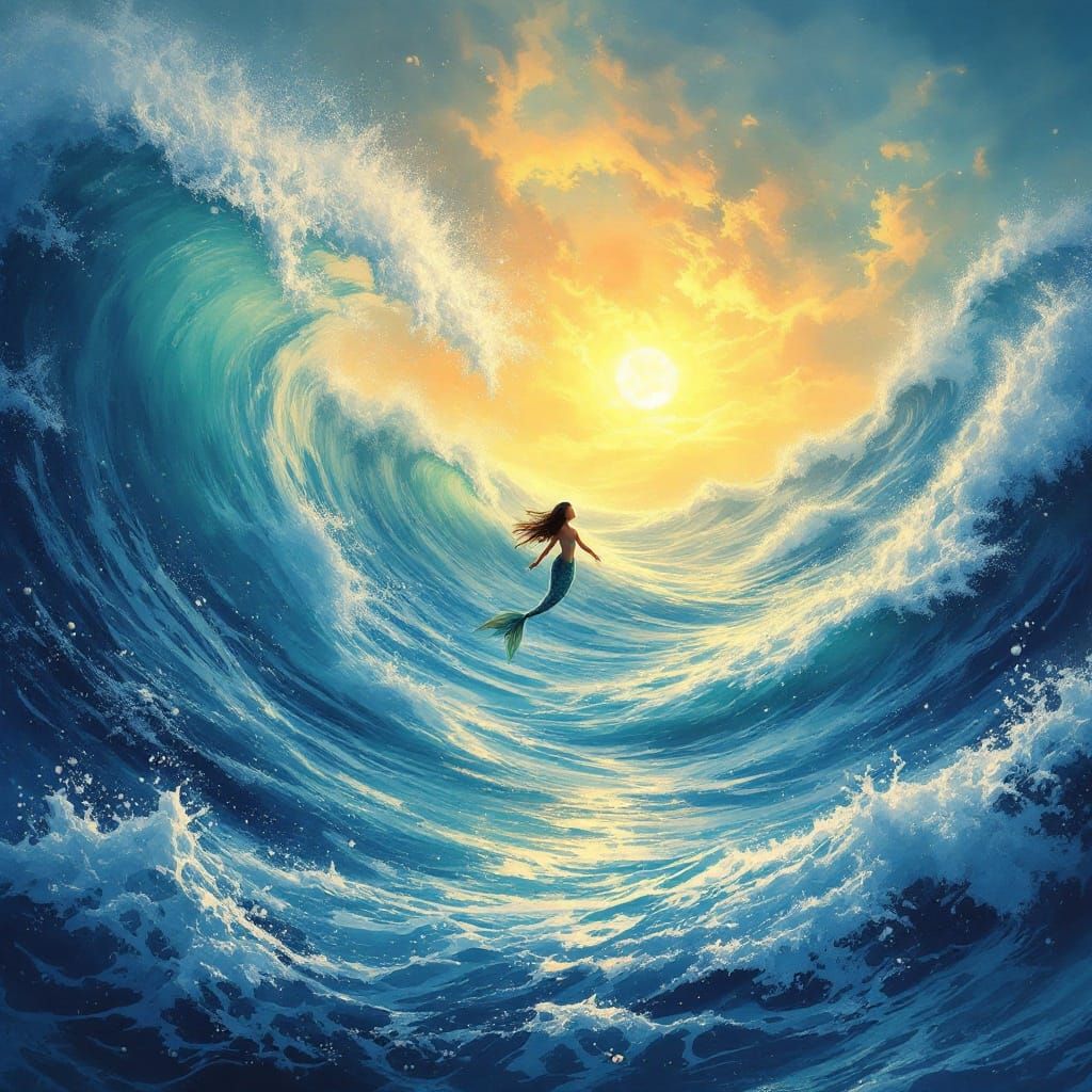 Wild majestic ocean with a tiny mermaid