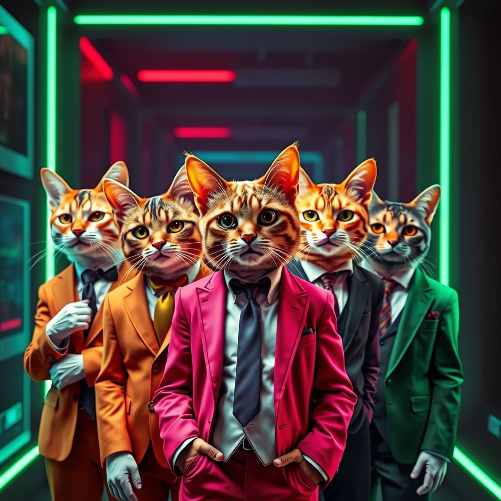 Cyberpunk Cats Posing in Neon Cityscape