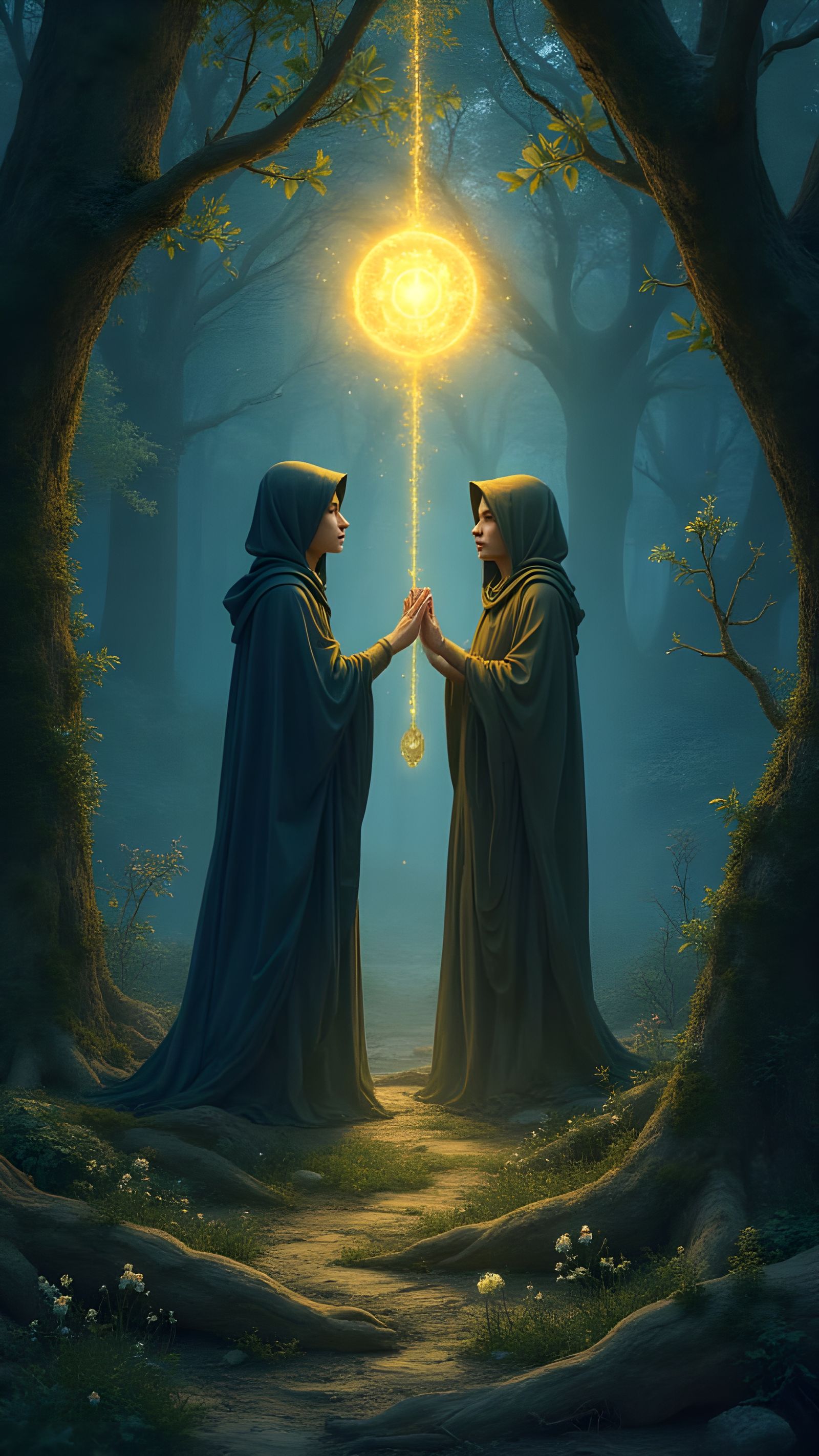 Mystical Forest: Figures Connected by Golden Thread