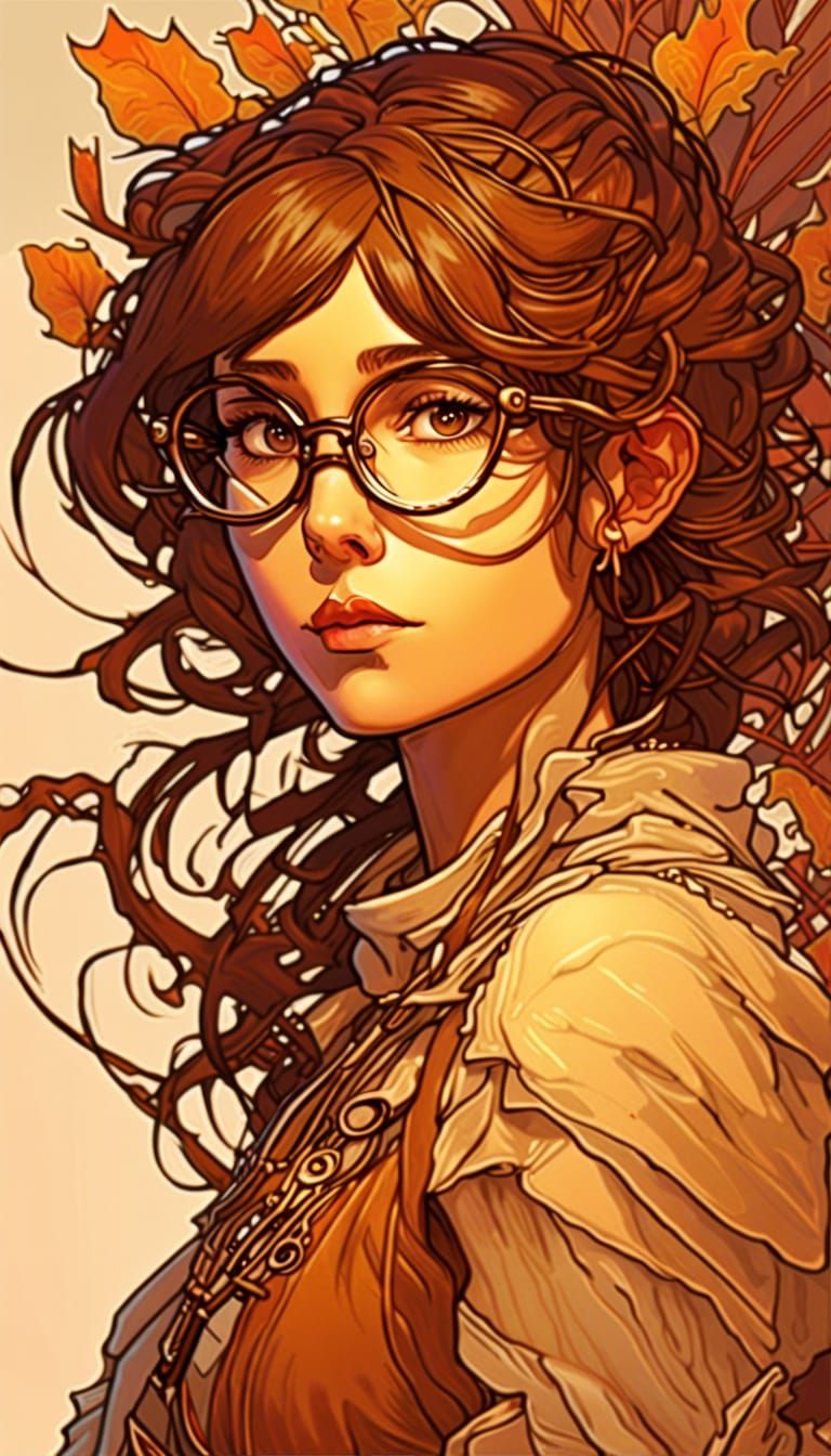 Girl with Glasses in Alphonse Mucha Style