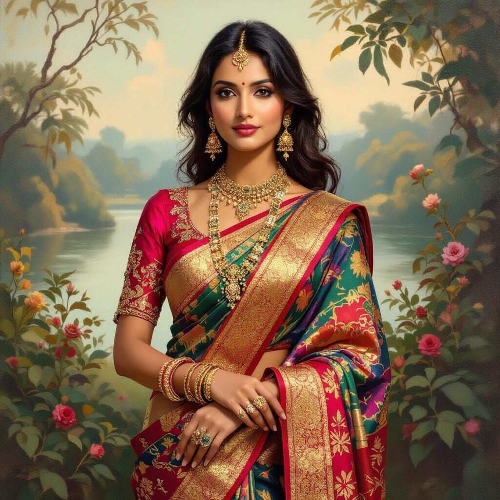 Elegant Indian Woman in Saree Inspired by Classical Art