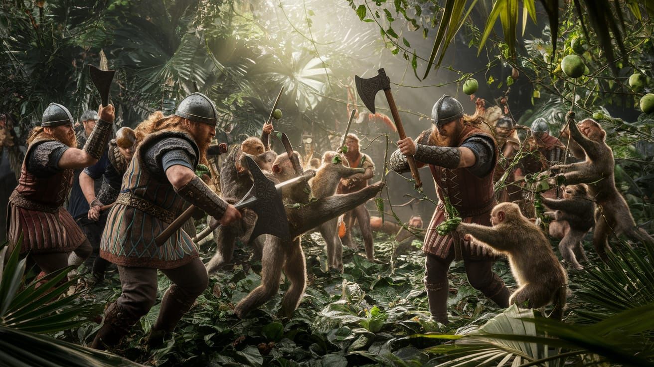 Vikings fighting against monkeys in the african jungle