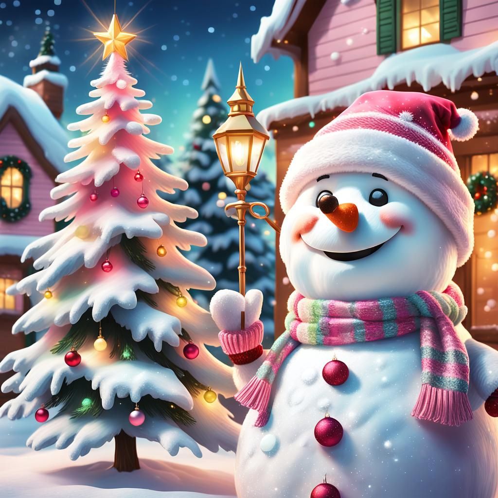 Santa Claus & a snowman, with a decorated tree, on pink back...