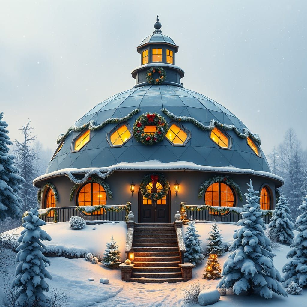 Surreal Futuristic Dome Home in Winter Wonderland Scene