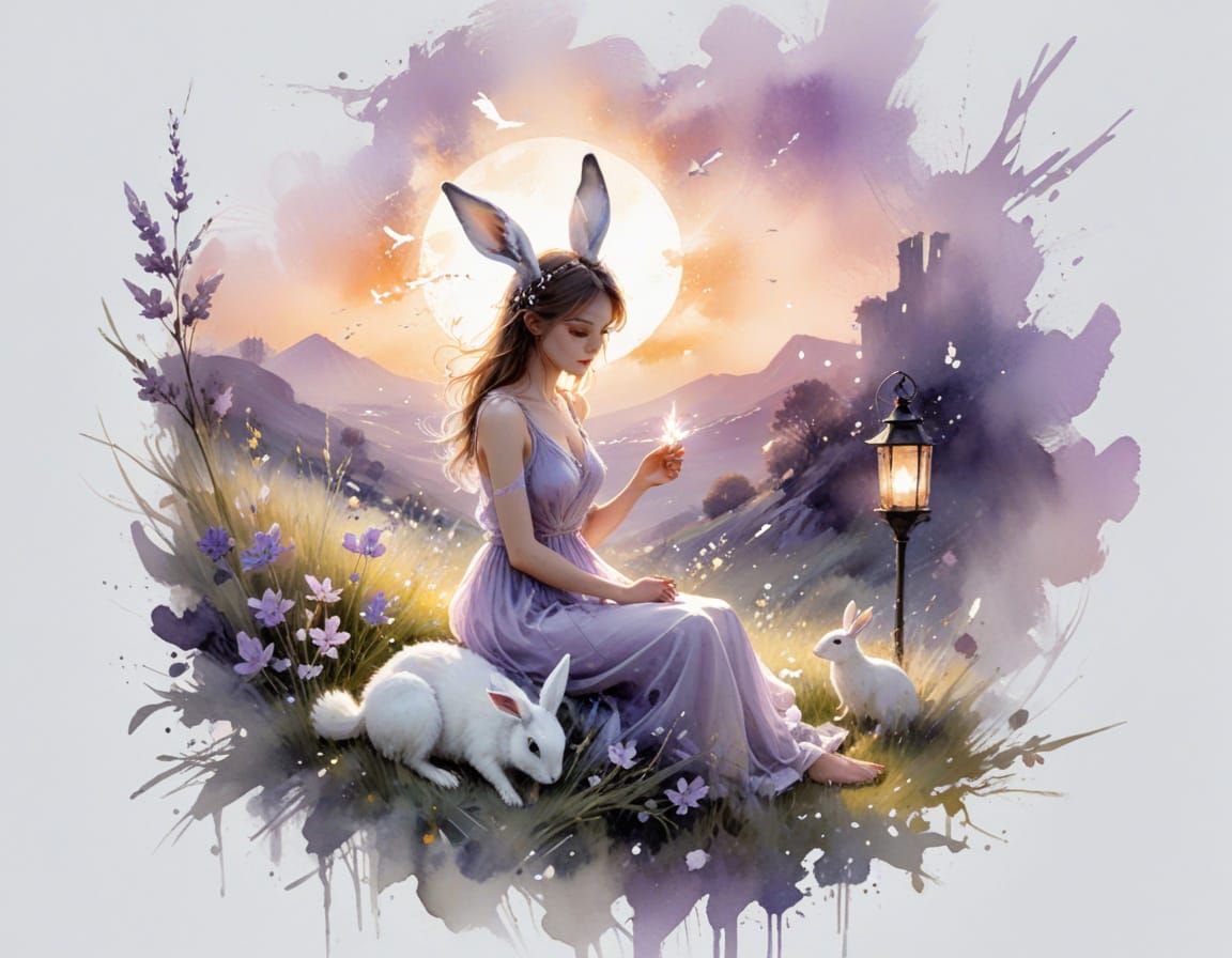 Woman and Hare in Moonlit Meadow with Lantern Blossoms
