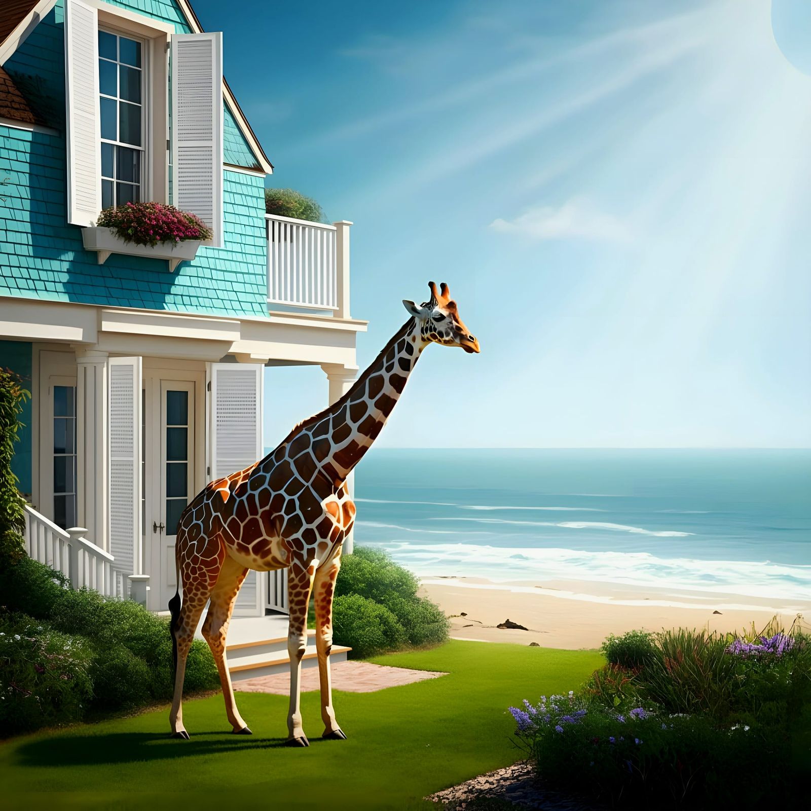 Giraffe Admires Hamptons Beach House Elegance