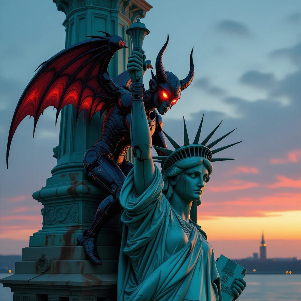 Cybernetic Devil Climbs Liberty in Gothic Dystopia