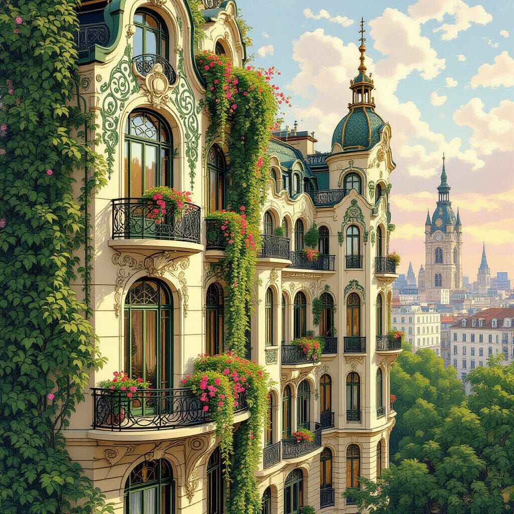 Art Nouveau City Skyline with Floral Ironwork