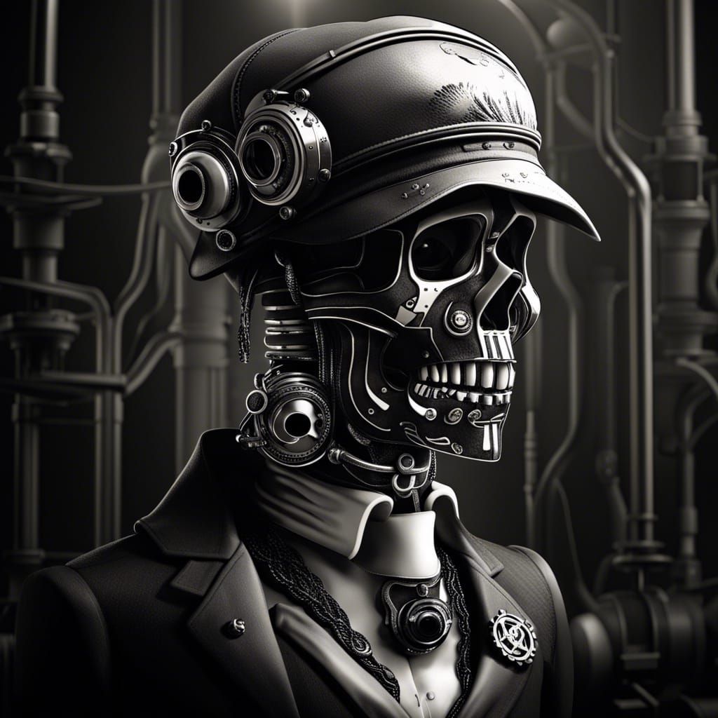 Steampunk Skull Portrait in Black and White Ink