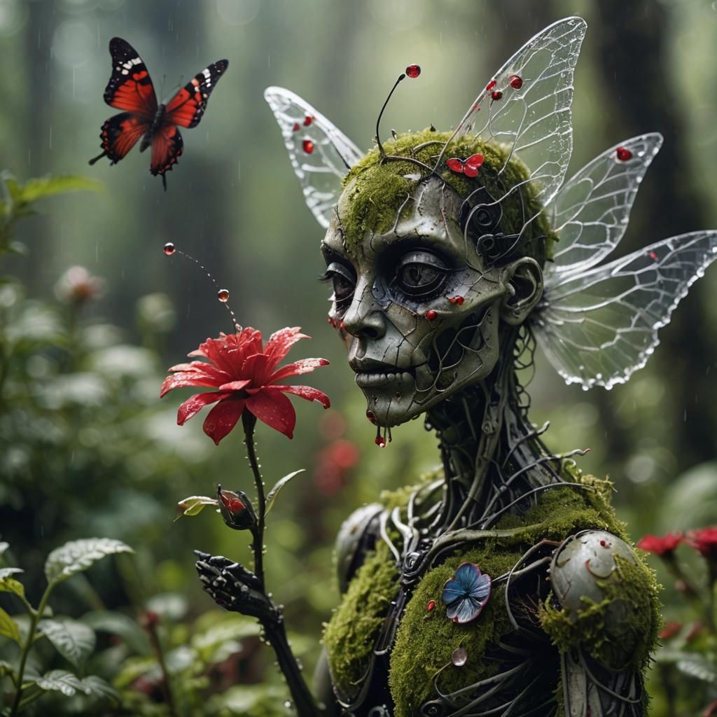 Macro Photograph of Damaged Humanoid Holding Flower