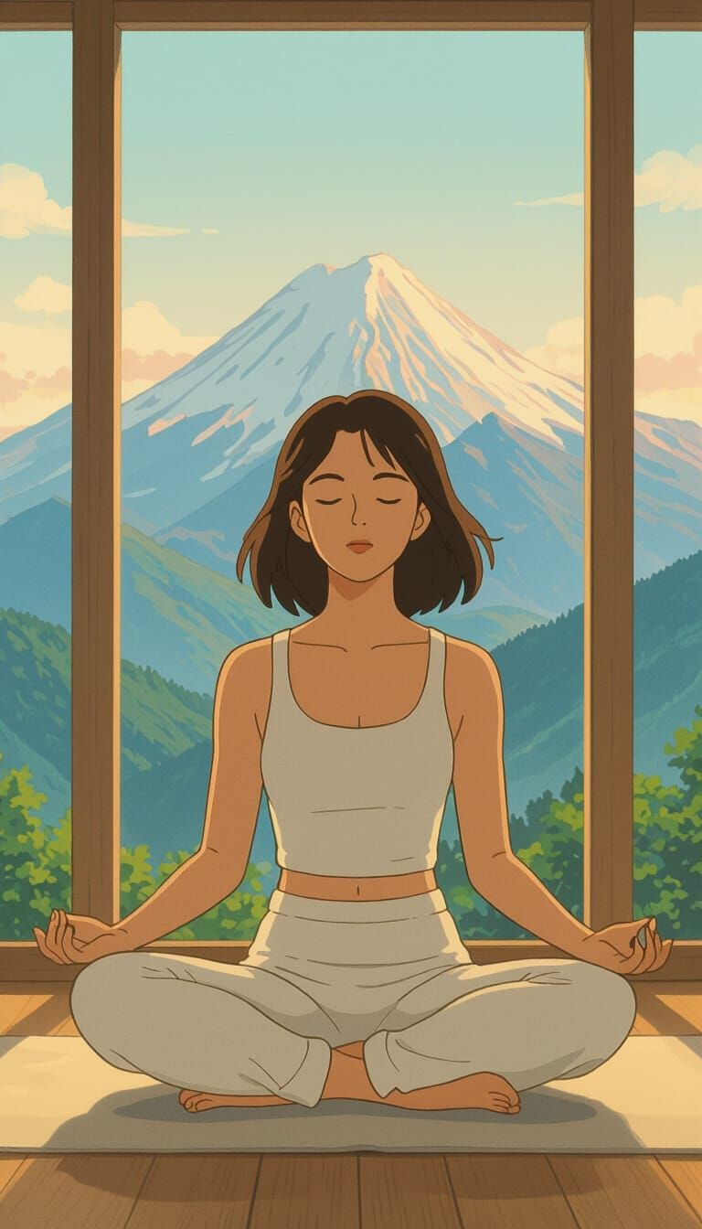 Serene Meditation in Summer Mountain Vista, Studio Ghibli St...
