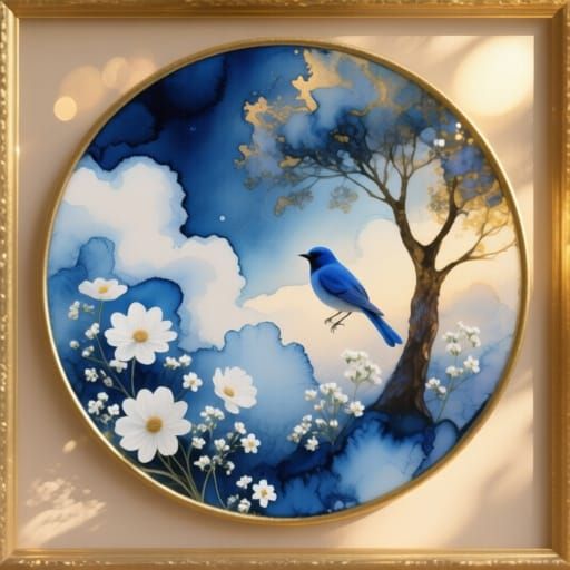 Alcohol Ink Art: Blue Tinted Circular Design with Flowers an...