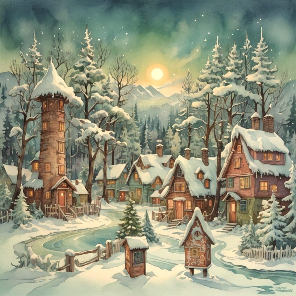 Winter Village in Watercolor Comic Book Art