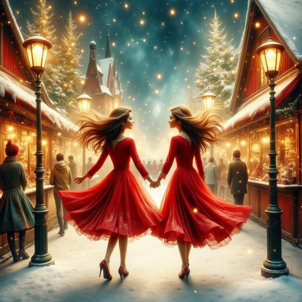 Twin Sisters Dance in Magical Christmas Market