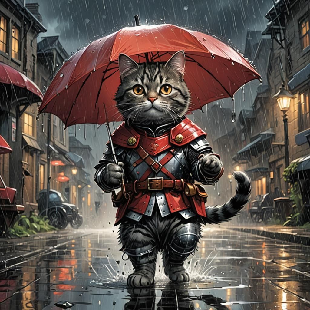 Cat Knight with Red Umbrella: Comic Book Art