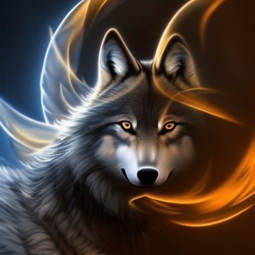 Mystical Wolf in Silver and Gold Flames