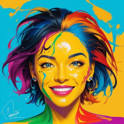 Happy Woman Smiling in Vibrant Abstract Splash Art