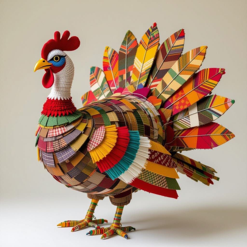 Fabric Scrap Turkey Statue in Mixed Media Style