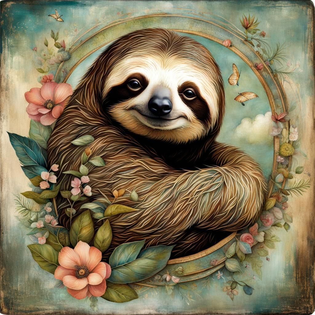 Dreamy Sloth Floating in Heaven Storybook Illustration