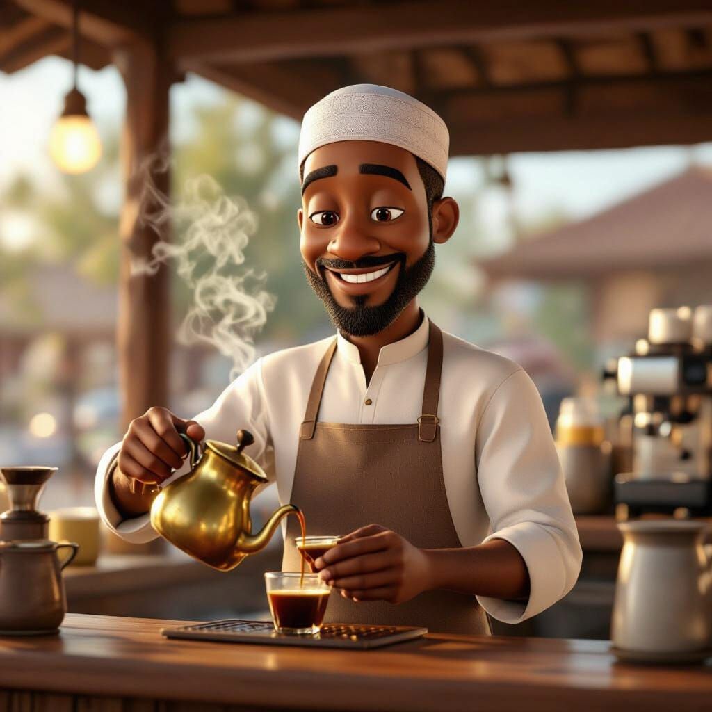 Pixar-Style 3D Coffee Pourer with Friendly Smile