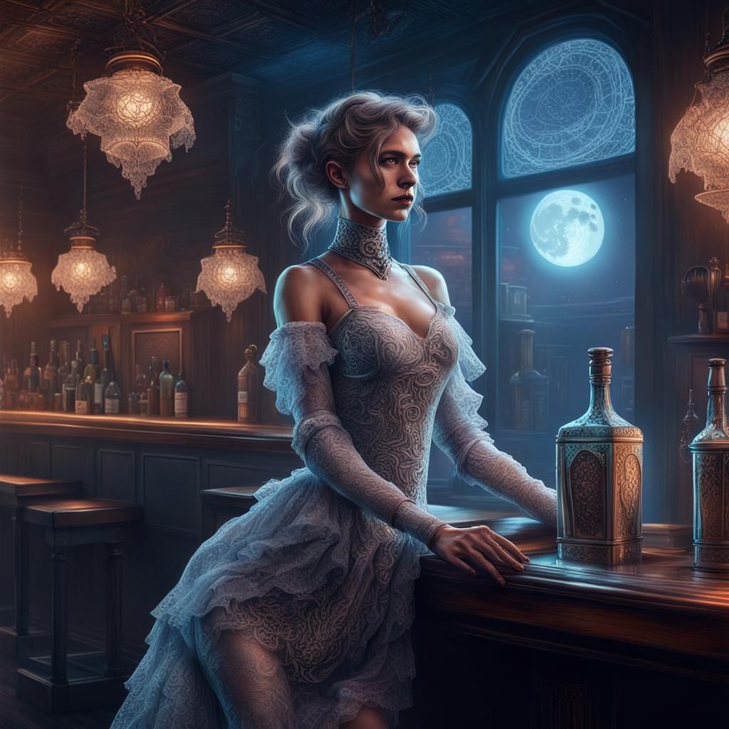Cyborg Bartender in Smoky Pub, Cosmic Illustration