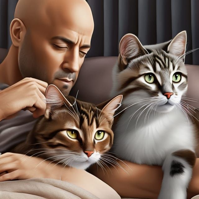 Vin Diesel with Cats: Detailed Pencil Sketch