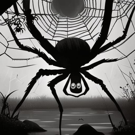 Giant Spiders in Webs: A Spooky Black and White Scene