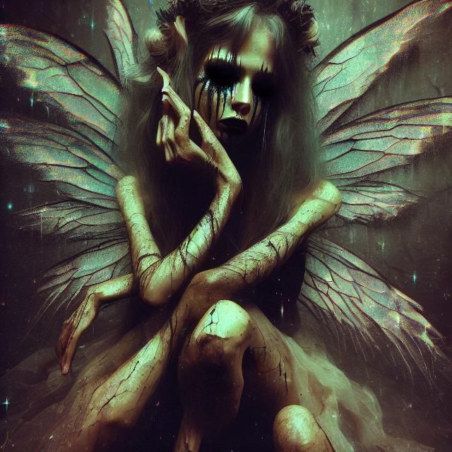a distorted dark fairy, makeup running down face, dark fores...