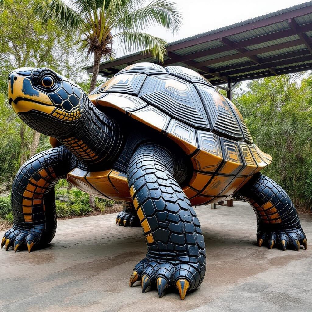 Giant Turtle Sculpture Crafted from Recycled Tires