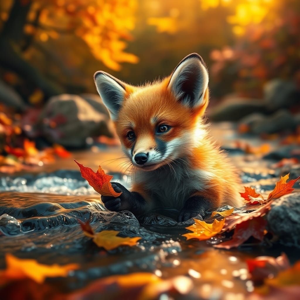 Fox Pup Plays in Vibrant Autumn Landscape