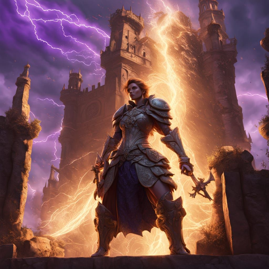 Warrior on Castle Wall Amidst Dragon Storm