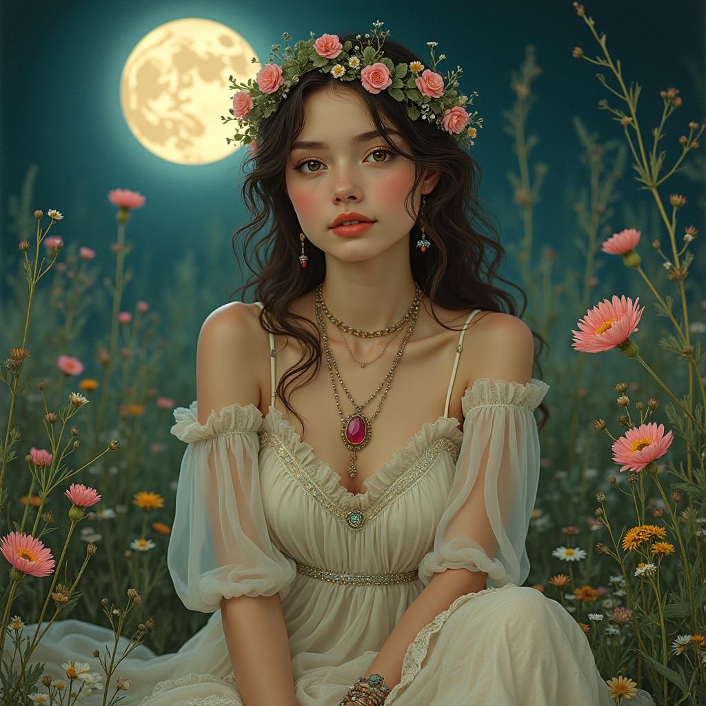 Ethereal Woman in Moonlit Garden, Art Nouveau Style