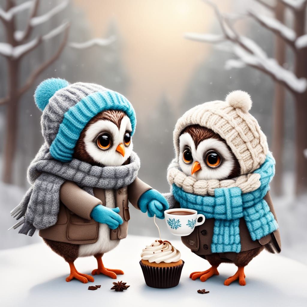 Kind Owlet Shares Winter Treats with Friend