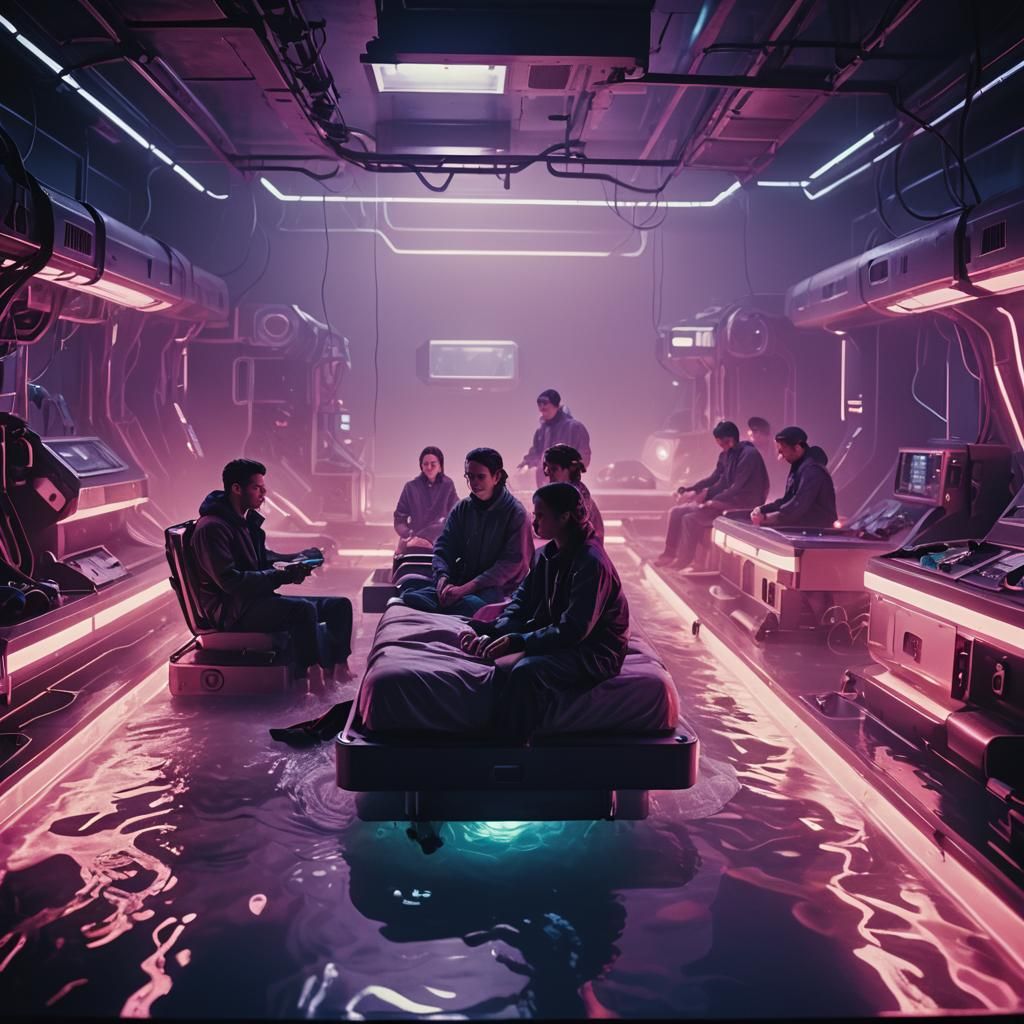 Futuristic Water Bed Scene with Neon Cyberpunk Vibe