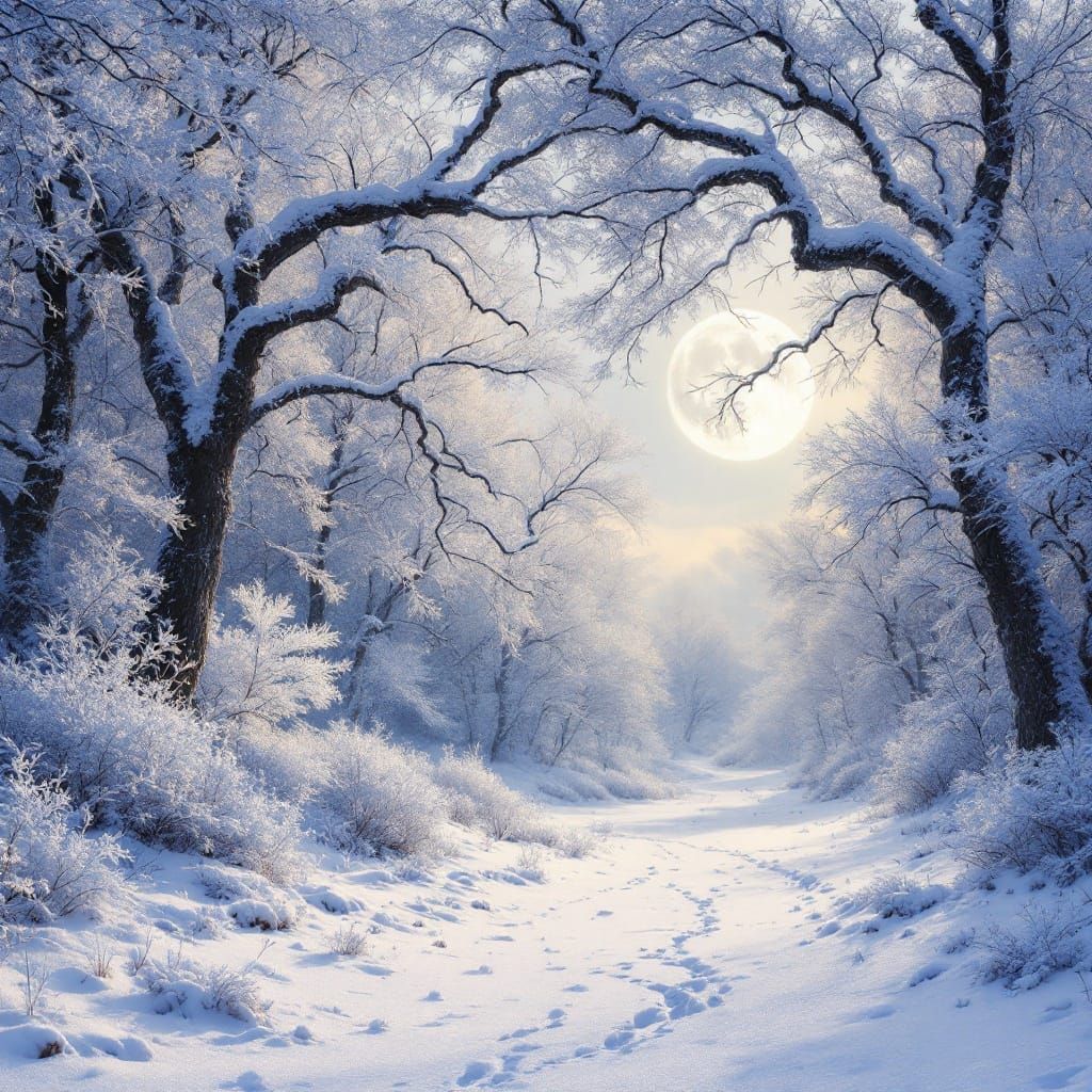 Serene Winter Wonderland with Frosty Trees and Misty Moon